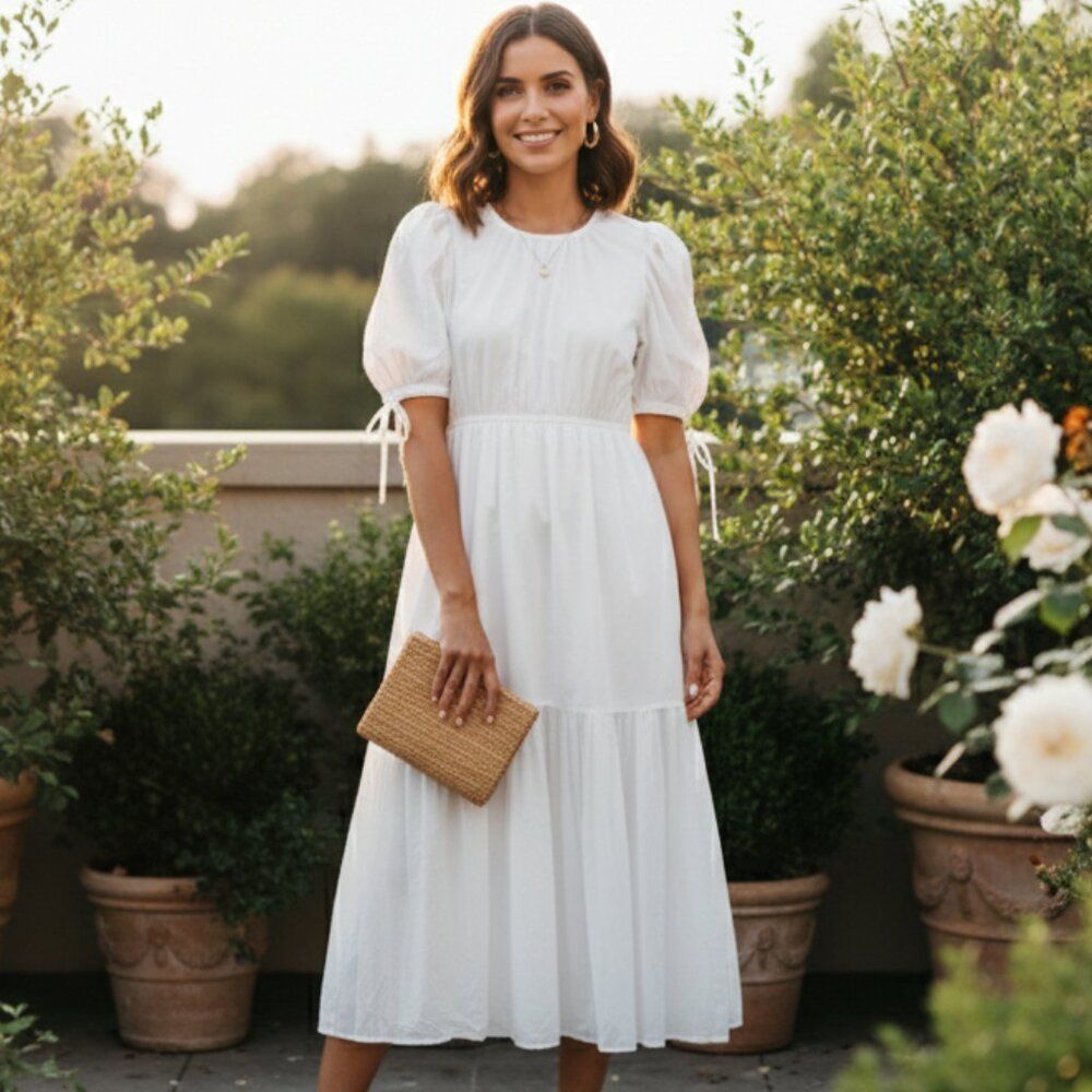 ULLA JOHNSON white dress midi puff sleeve summer formal event 2 bridal bowtie